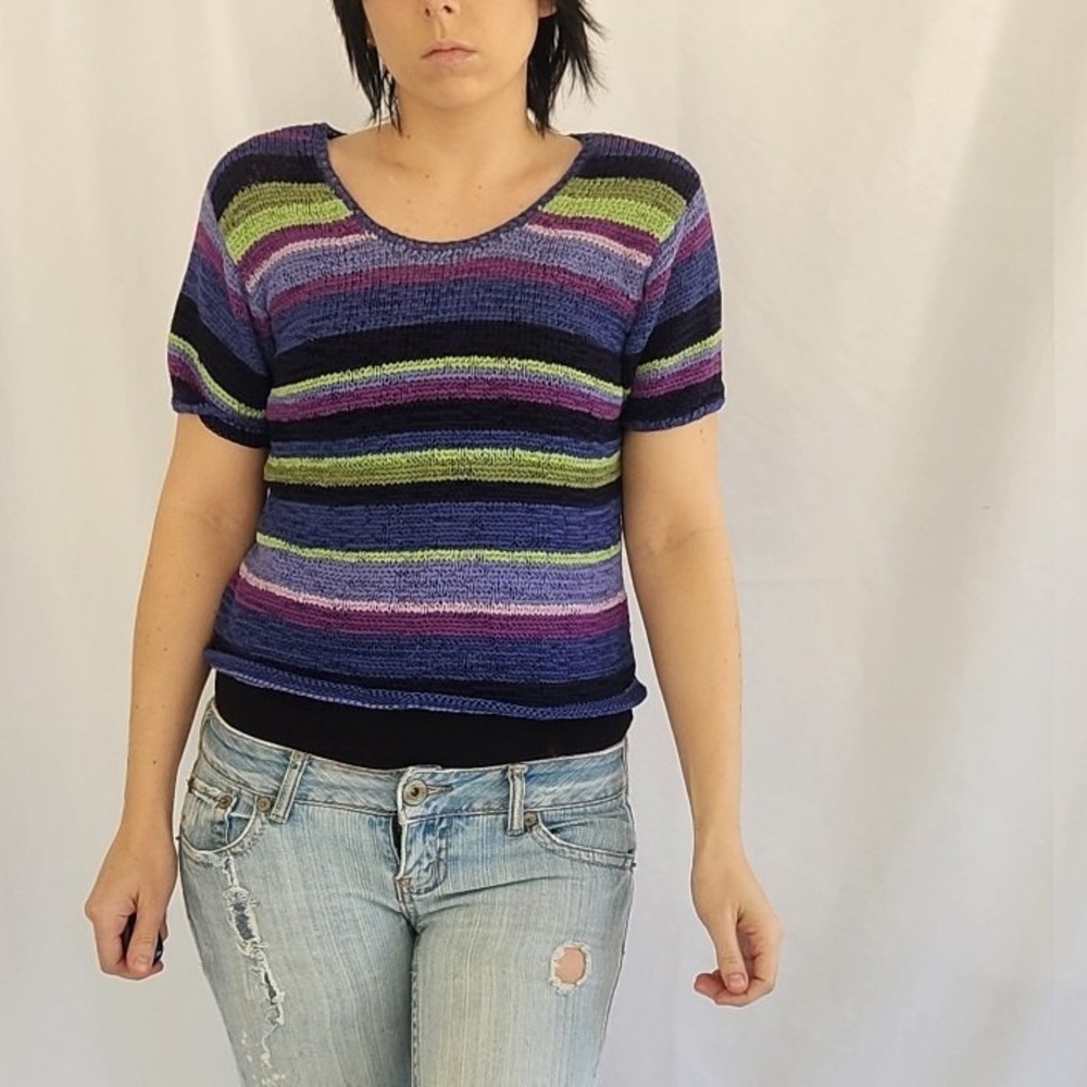 Sigrid Olsen Purple, Blue, and Green Striped‎ Knit Top
